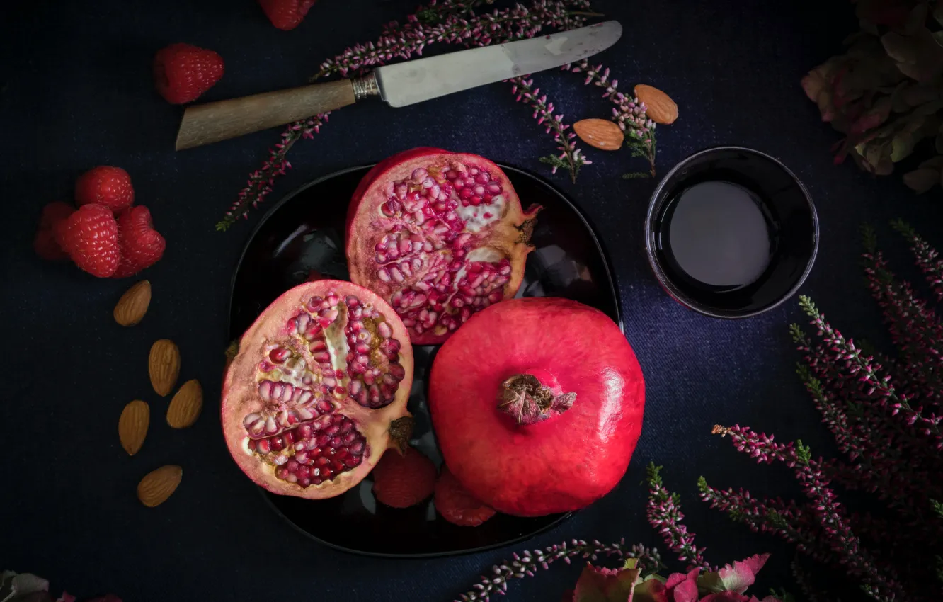 Photo wallpaper berries, plant, food, strawberry, knife, Cup, fruit, nuts