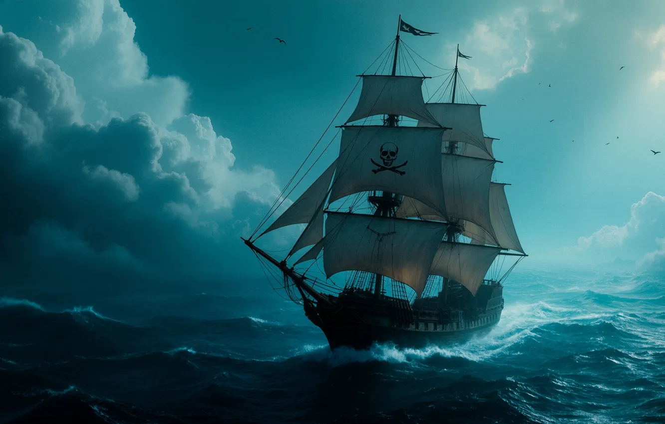 Photo wallpaper sea, clouds, ship, sailboat, pirate, digital art, AI art, The Art of Artificial Intelligence