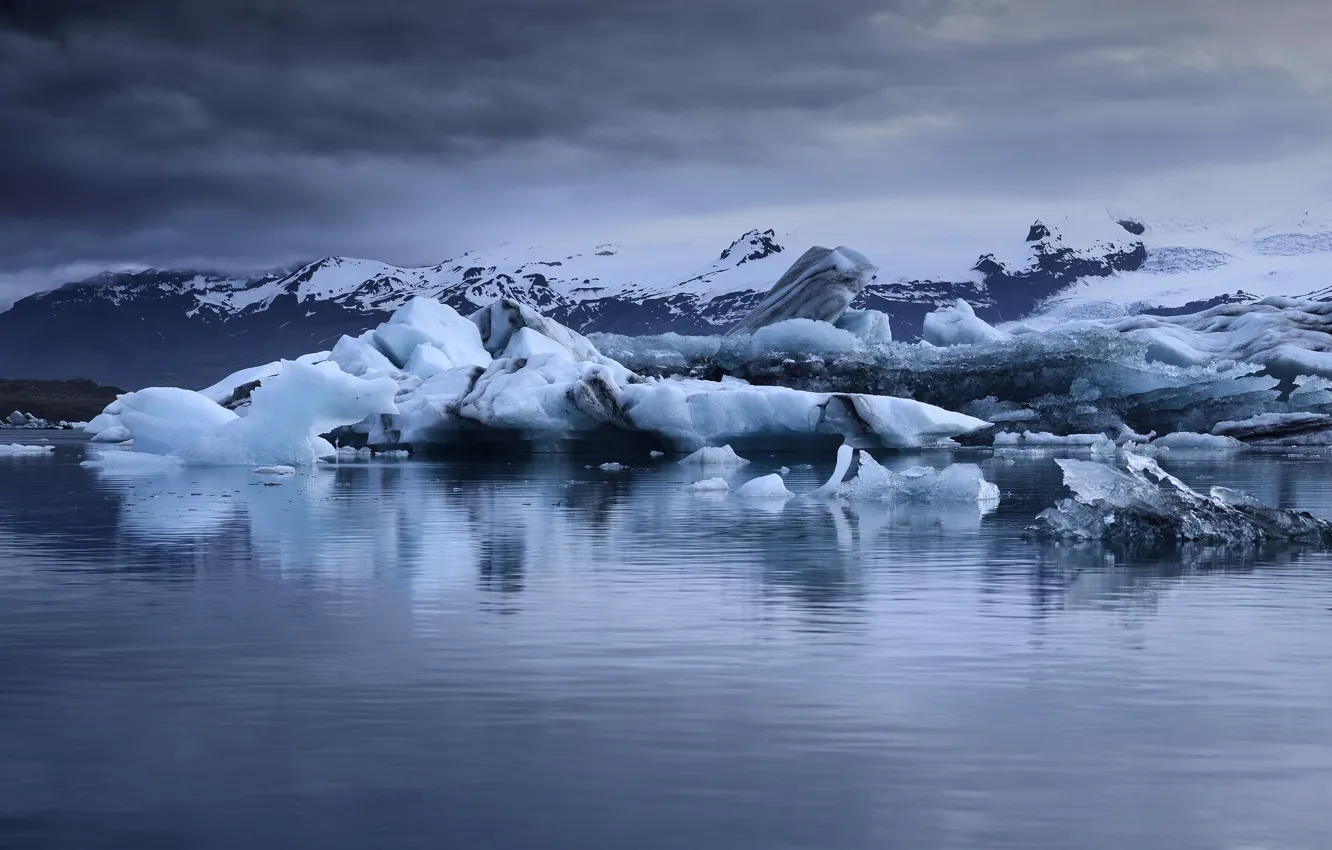 Photo wallpaper ice, sea, clouds, snow, mountains, storm, gray clouds
