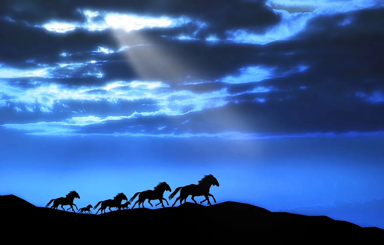 Photo wallpaper the sky, clouds, rays, light, clouds, hills, horse, silhouette