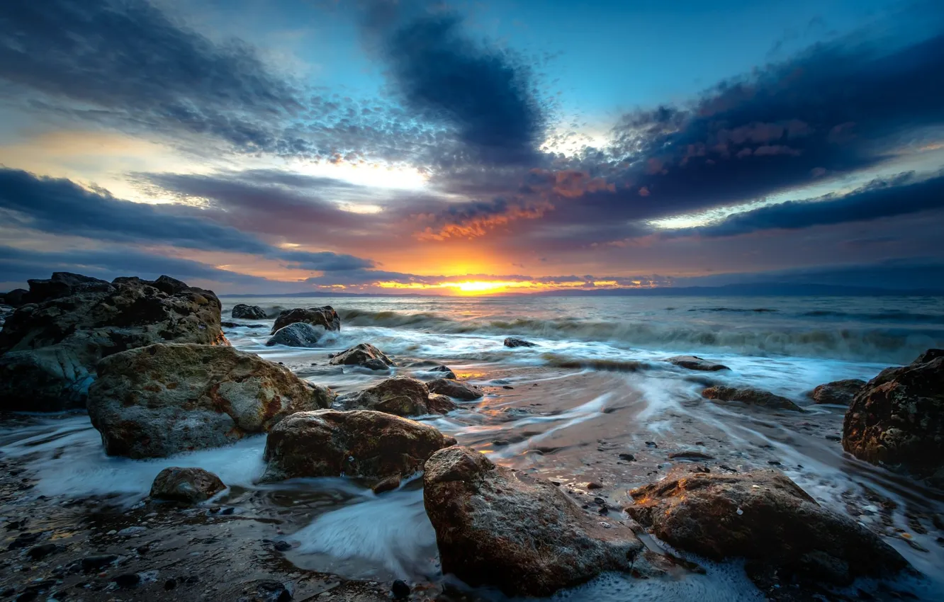 Photo wallpaper sea, landscape, sunset, nature, stones, coast, beauty