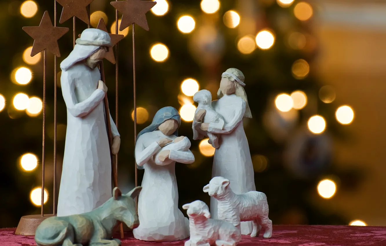 Photo wallpaper lights, holiday, tree, Christmas, figurine, figures, bokeh