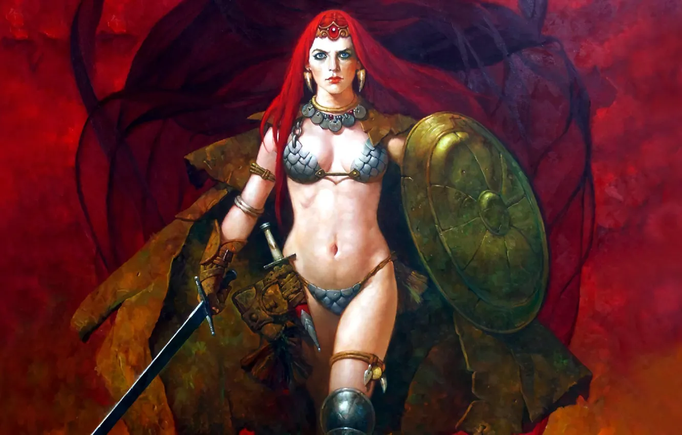 Photo wallpaper girl, sword, sexy, legs, boobs, comics, belly, shield
