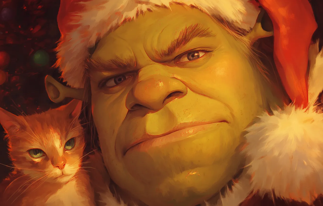 Photo wallpaper new year, Christmas, Shrek, art, look, Puss in boots, Puss in Boots, Shrek