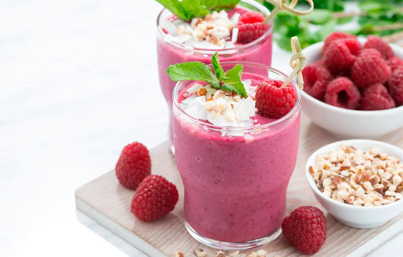Photo wallpaper red, glass, berries, raspberry, table, Board, white background, nuts