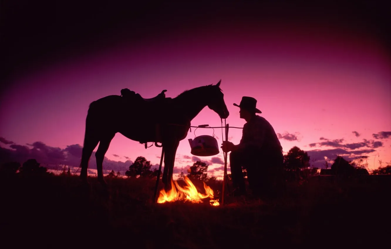 Photo wallpaper The evening, The fire, Cowboy