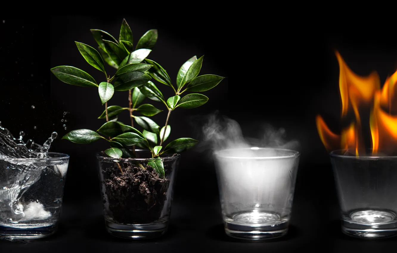 Photo wallpaper earth, fire, water, air, 4 elements, glass cup