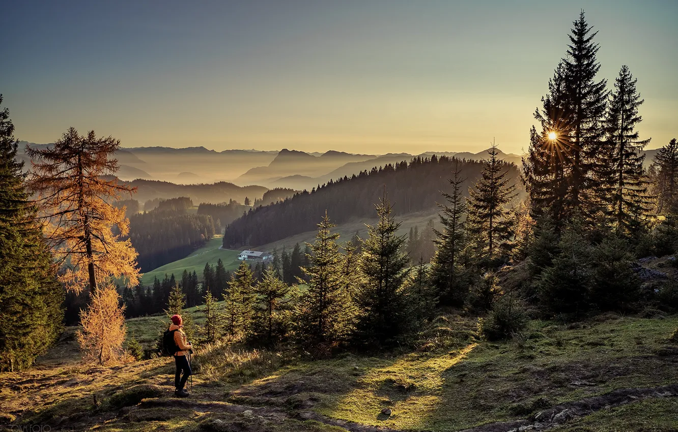 Photo wallpaper autumn, the sun, rays, landscape, mountains, nature, fog, Alps