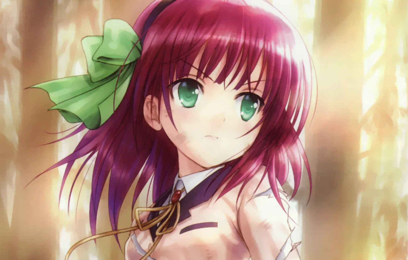 Photo wallpaper cuts, form, bow, green eyes, red hair, angel beats, Yuri Nakamura
