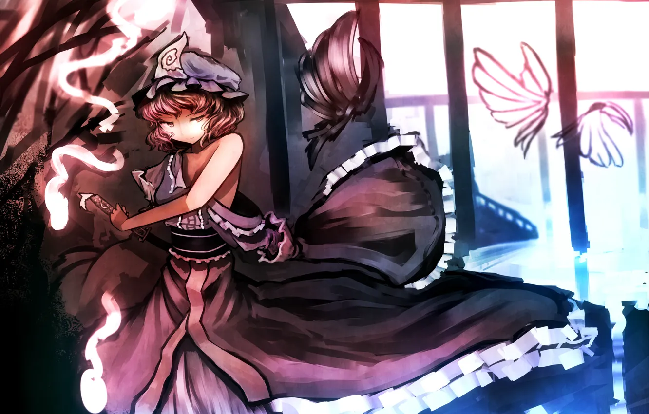 Photo wallpaper girl, smile, weapons, mood, butterfly, katana, touhou, art
