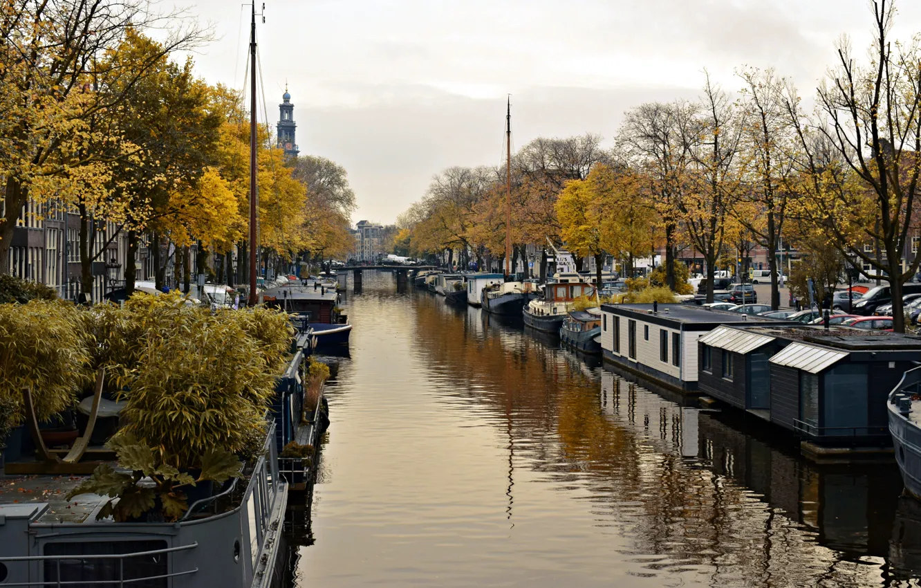 Photo wallpaper city, river, sky, autumn, ship, canal