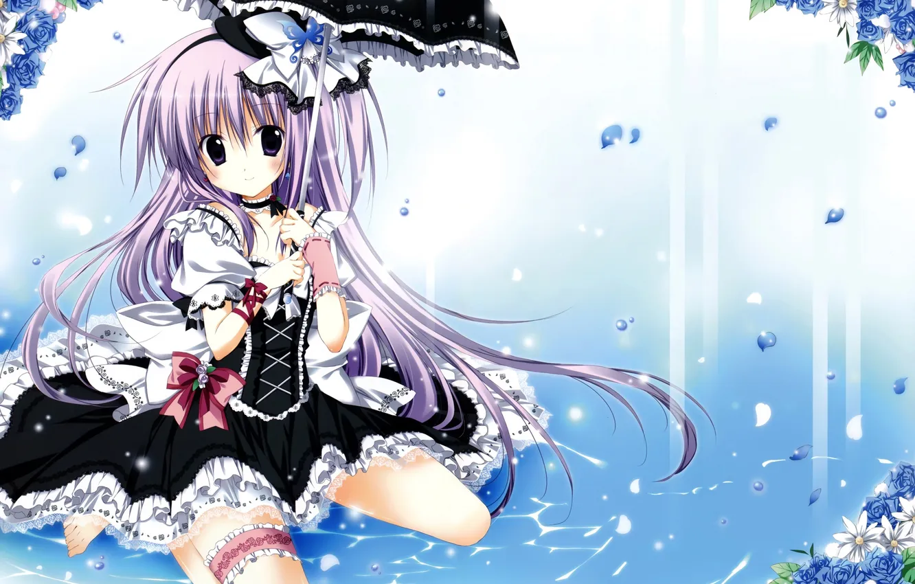Photo wallpaper flowers, umbrella, dress, art, girl, bow, korie riko