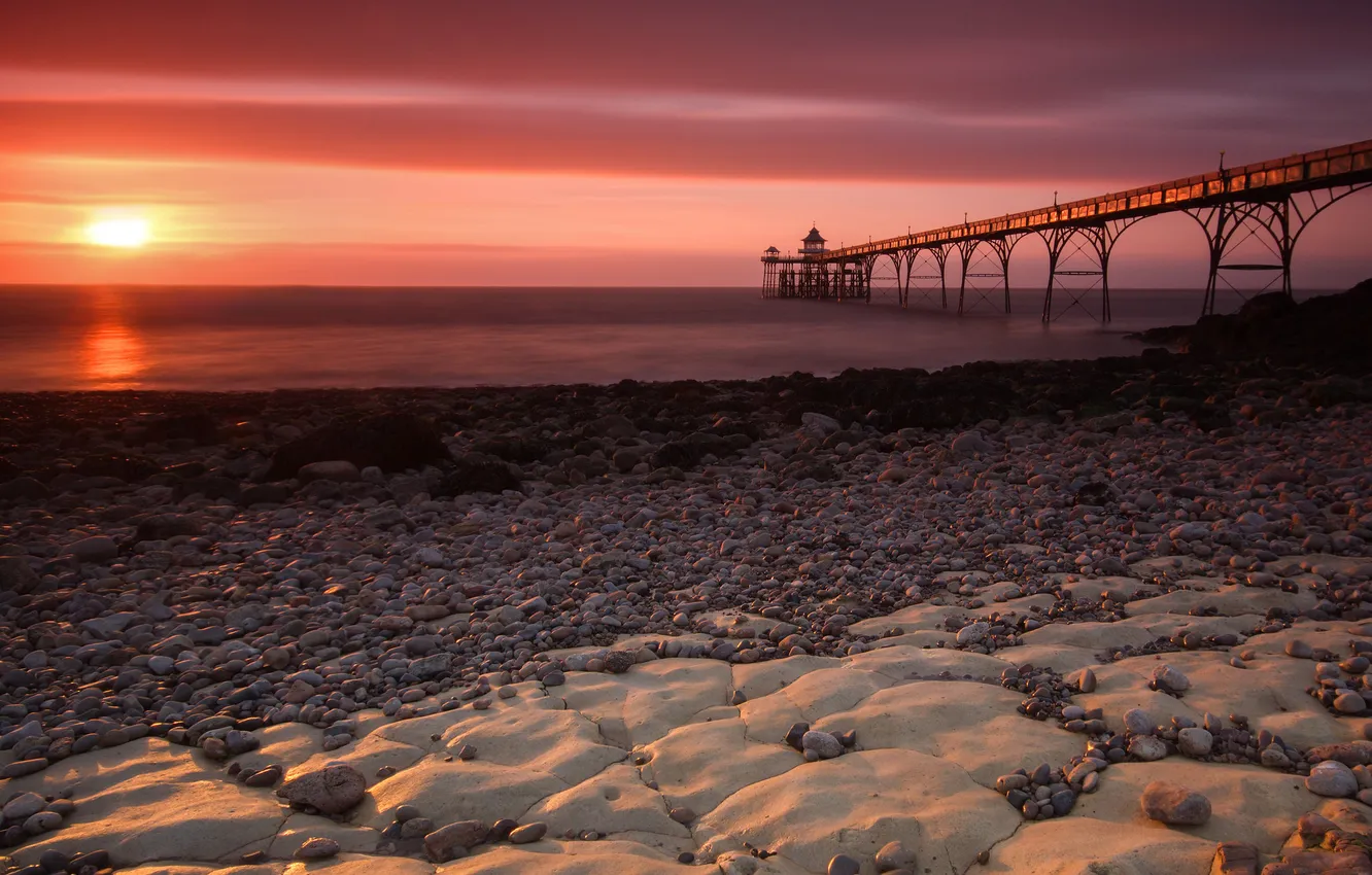 Photo wallpaper sea, the sky, clouds, sunset, shore, tide, pierce