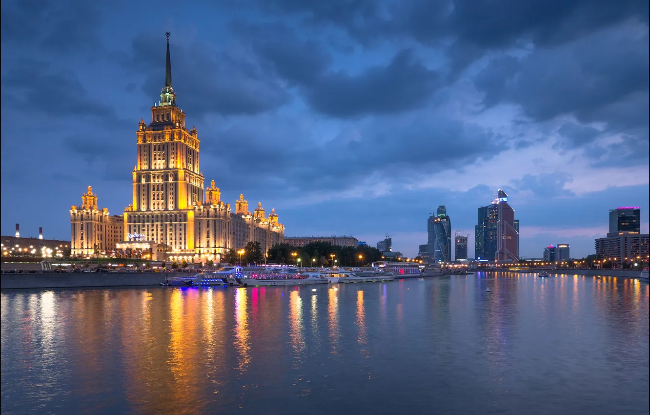 Photo wallpaper night, lights, river, home, Moscow, promenade, the hotel, ship