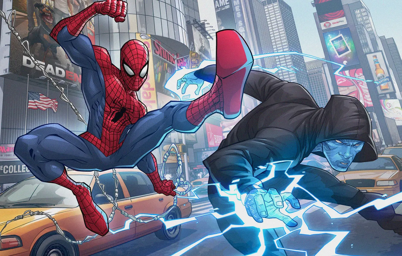 Photo wallpaper figure, art, Electro, Peter Parker, PatrickBrown, Max Dillon, The Amazing Spider-man 2