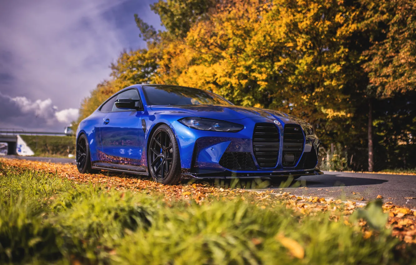 Photo wallpaper BMW, Blue, Autumn, Forest, Trees, BMW M4, Black Wheels