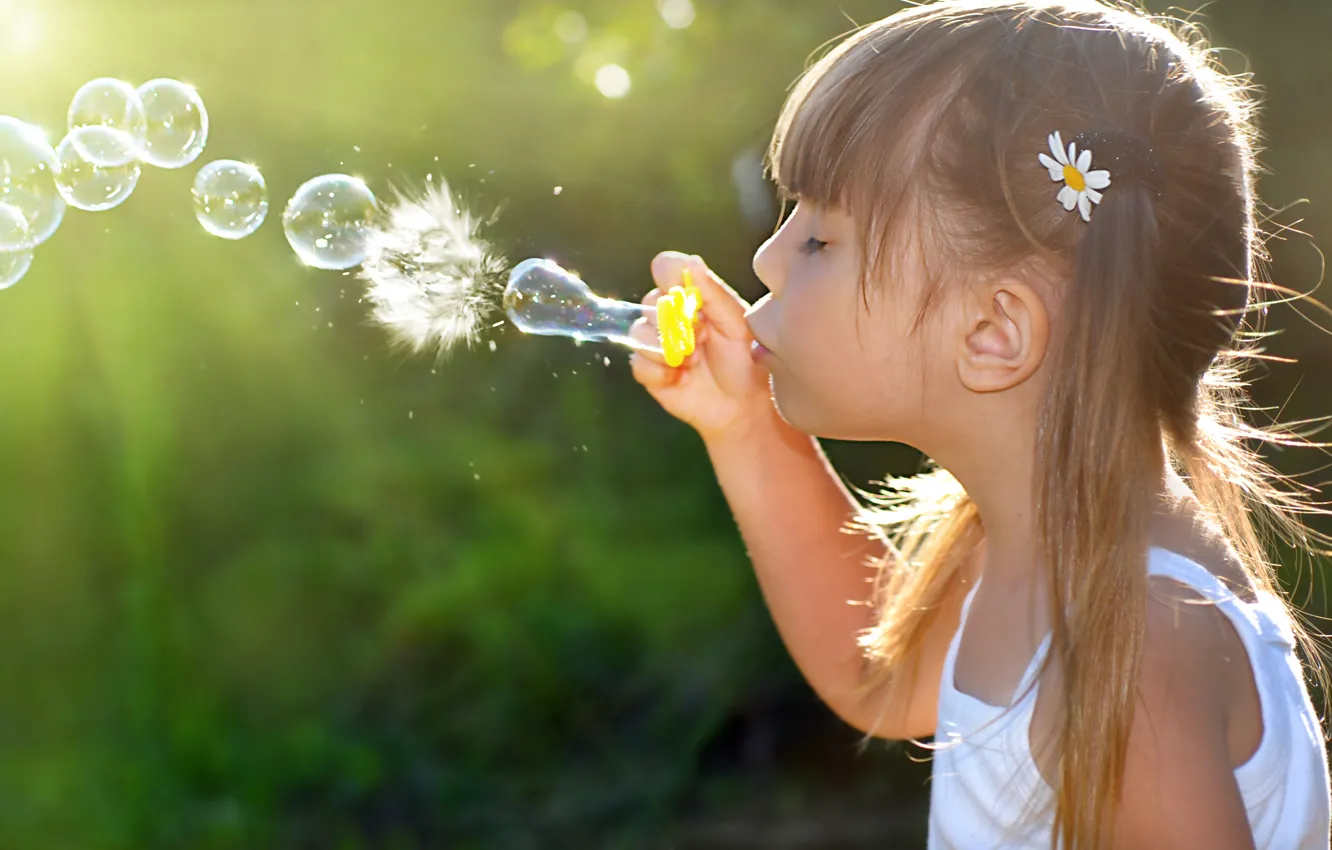 Photo wallpaper joy, happiness, children, childhood, bubbles, girl, bubbles, child