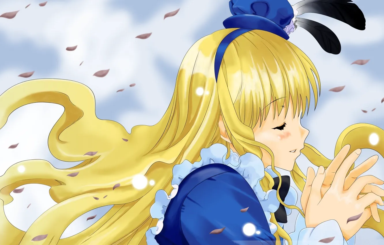 Photo wallpaper the wind, hat, Alice in Wonderland, Alice in Wonderland, long hair, rose petals, Alice, closed …