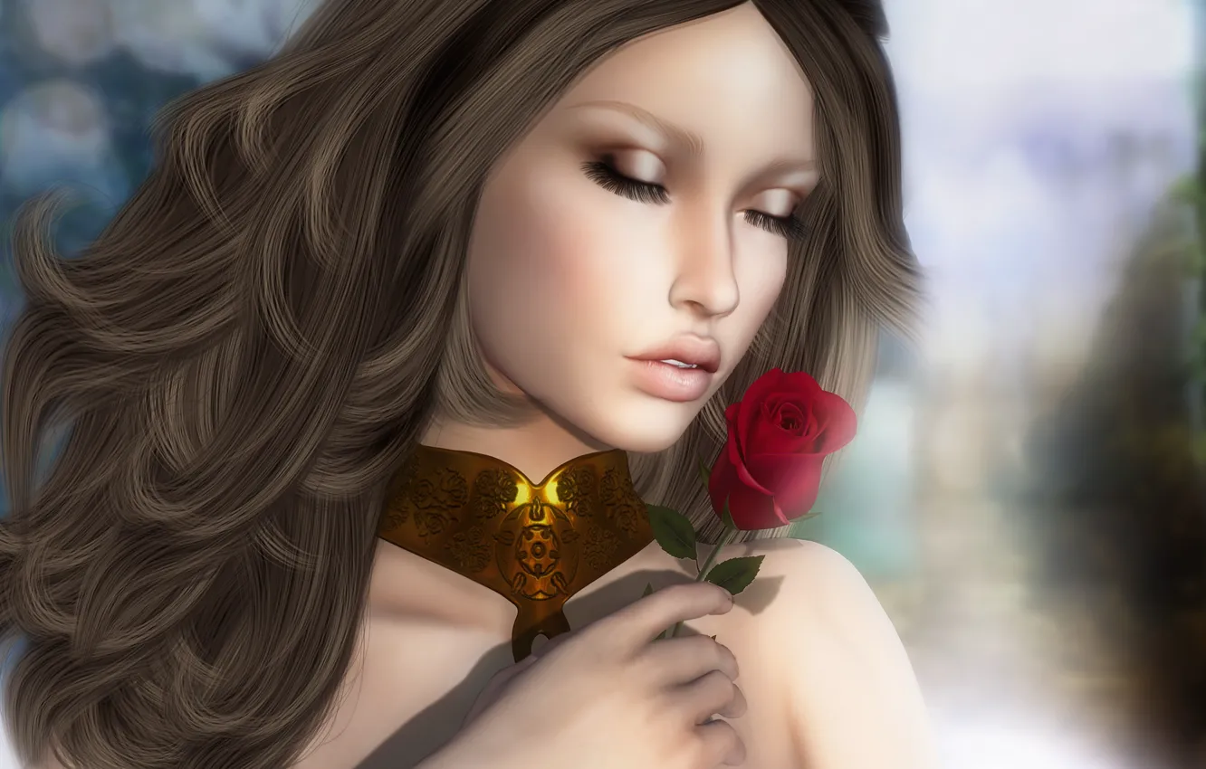 Photo wallpaper girl, face, background, hair, rose, beauty