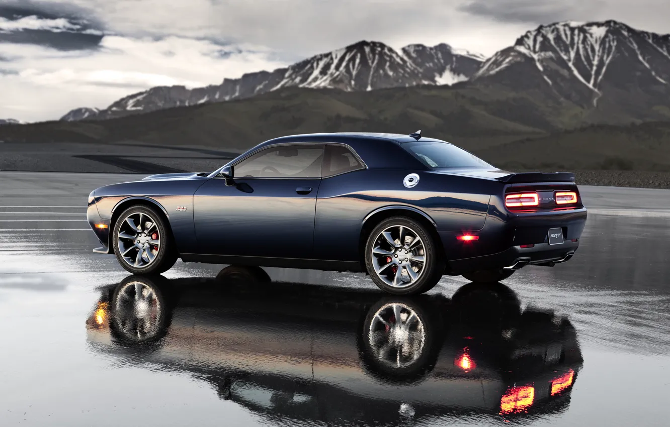 Photo wallpaper Water, Reflection, Mountains, Dodge, Challenger, Landscape, Hemi, Muscle Car