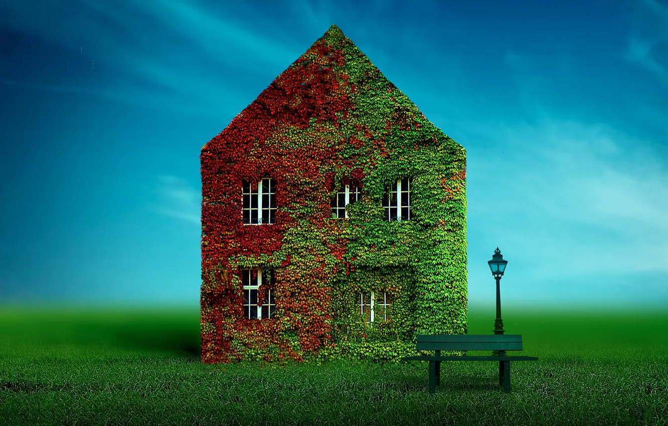 Photo wallpaper home, lights, house, bench, bench, lantern, Ben Goossens