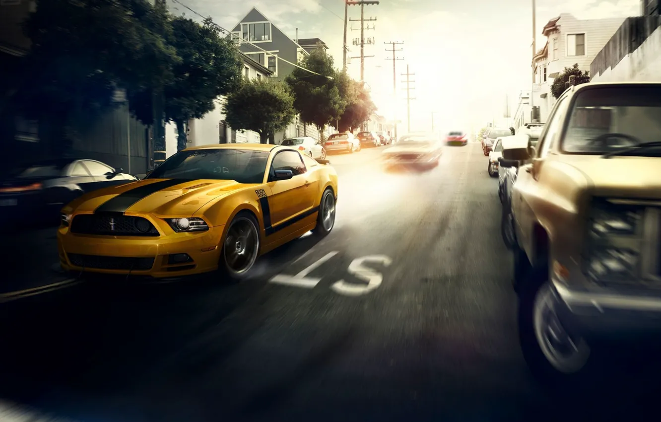 Photo wallpaper Mustang, Ford, Muscle, Car, Speed, Front, Sun, Street