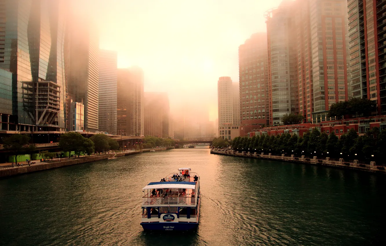 Photo wallpaper trees, the city, fog, river, home, boat, channel