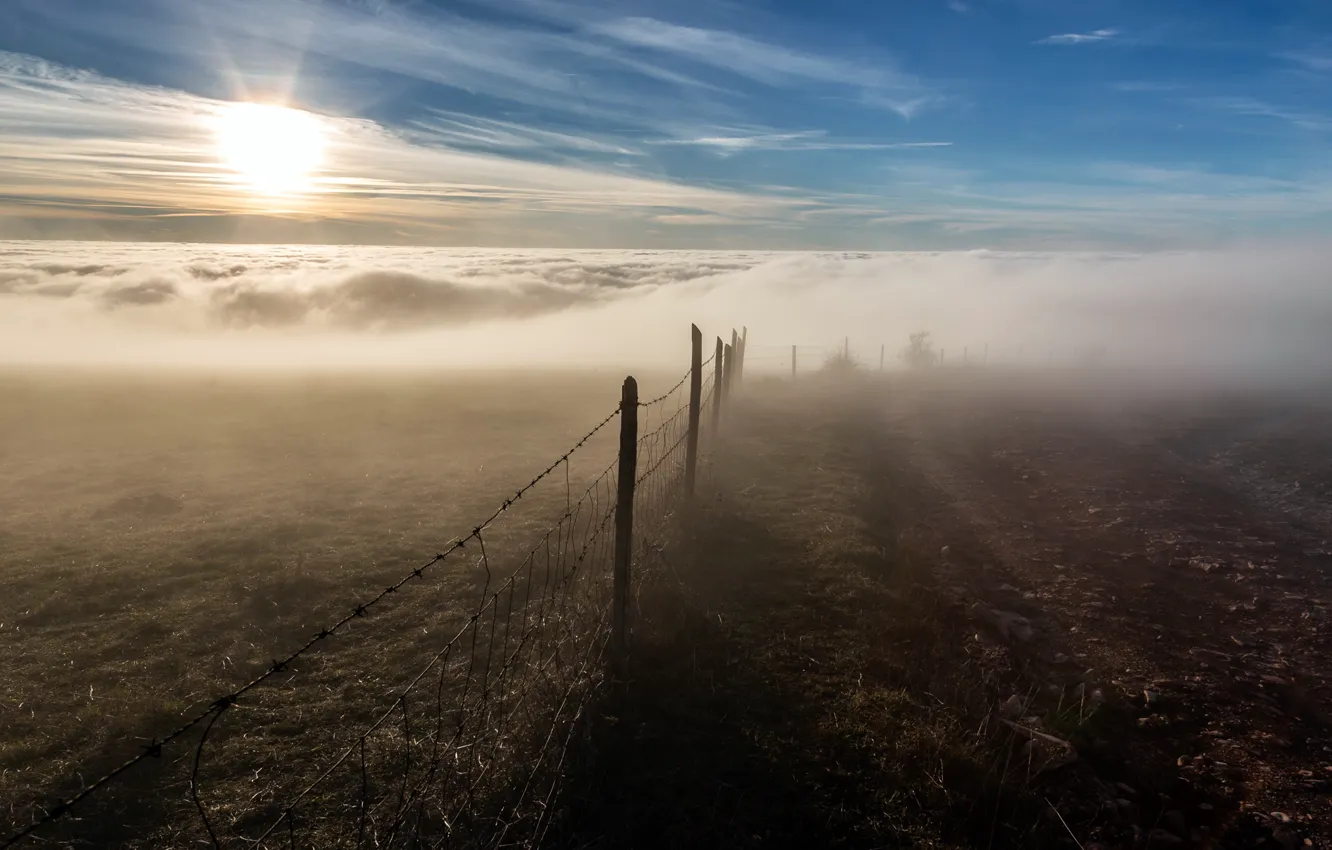 Photo wallpaper the sky, mountains, fog, morning