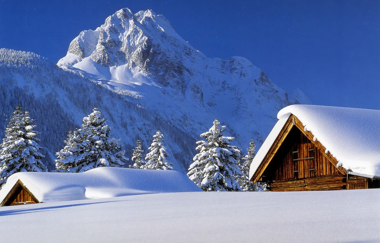 Photo wallpaper winter, snow, Mountains, roof, houses