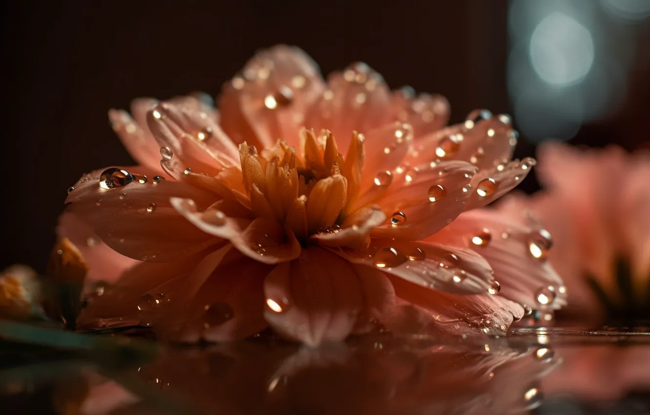 Photo wallpaper water, drops, macro, light, flowers, orange, reflection, table