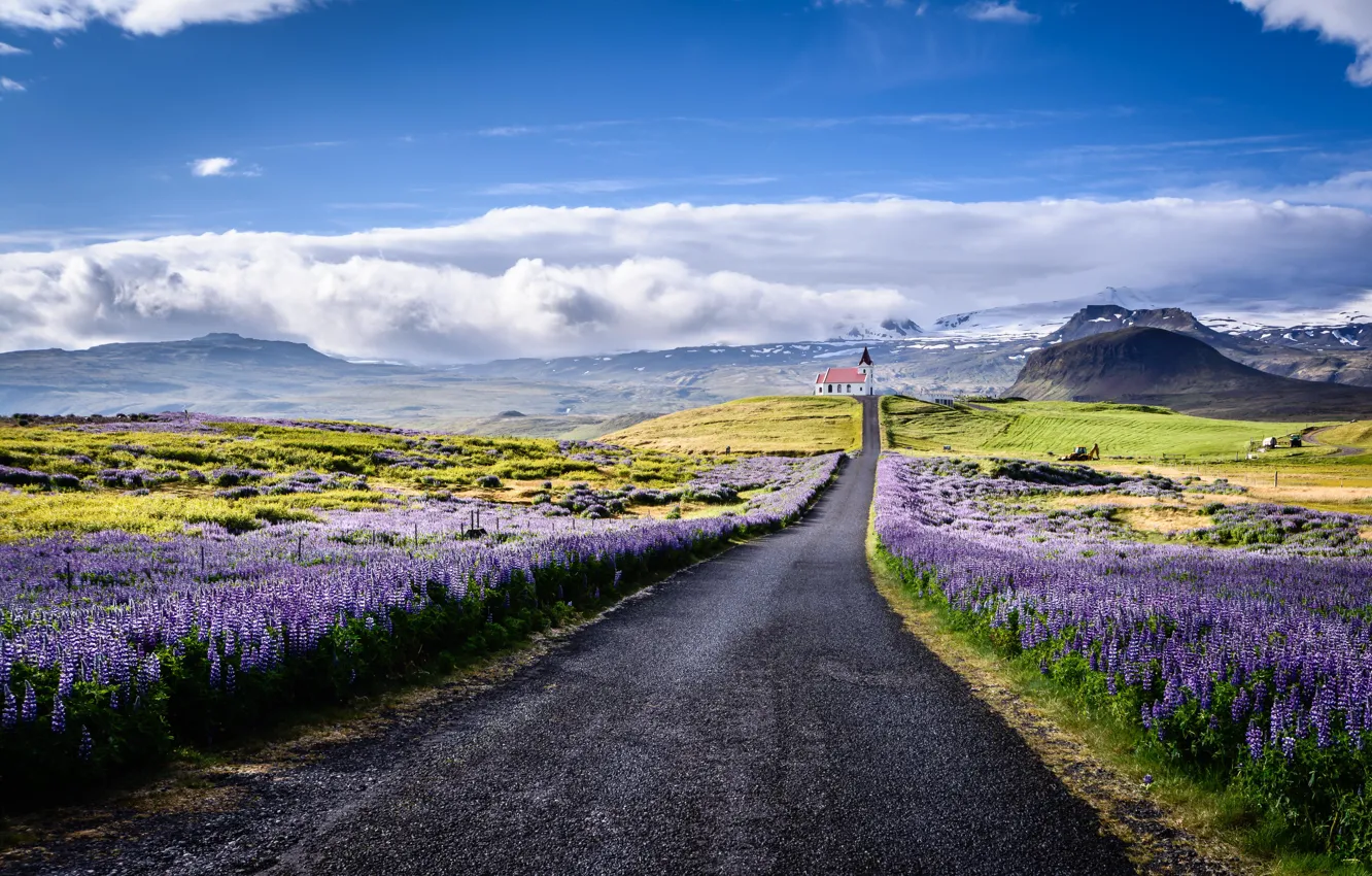 Photo wallpaper road, clouds, landscape, flowers, mountains, nature, Church, Iceland