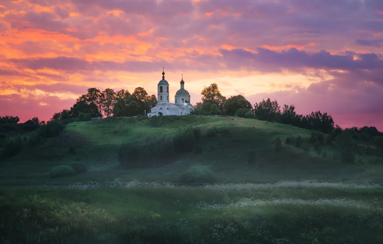 Photo wallpaper field, sunset, hills, Church