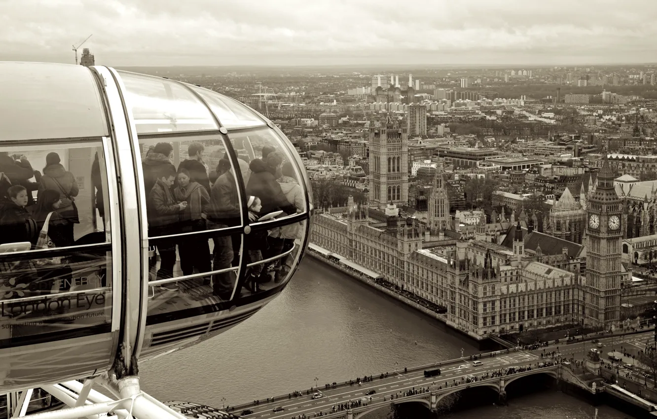 Photo wallpaper bridge, people, houses, London, black and white, London Eye, Big Ben, buildings