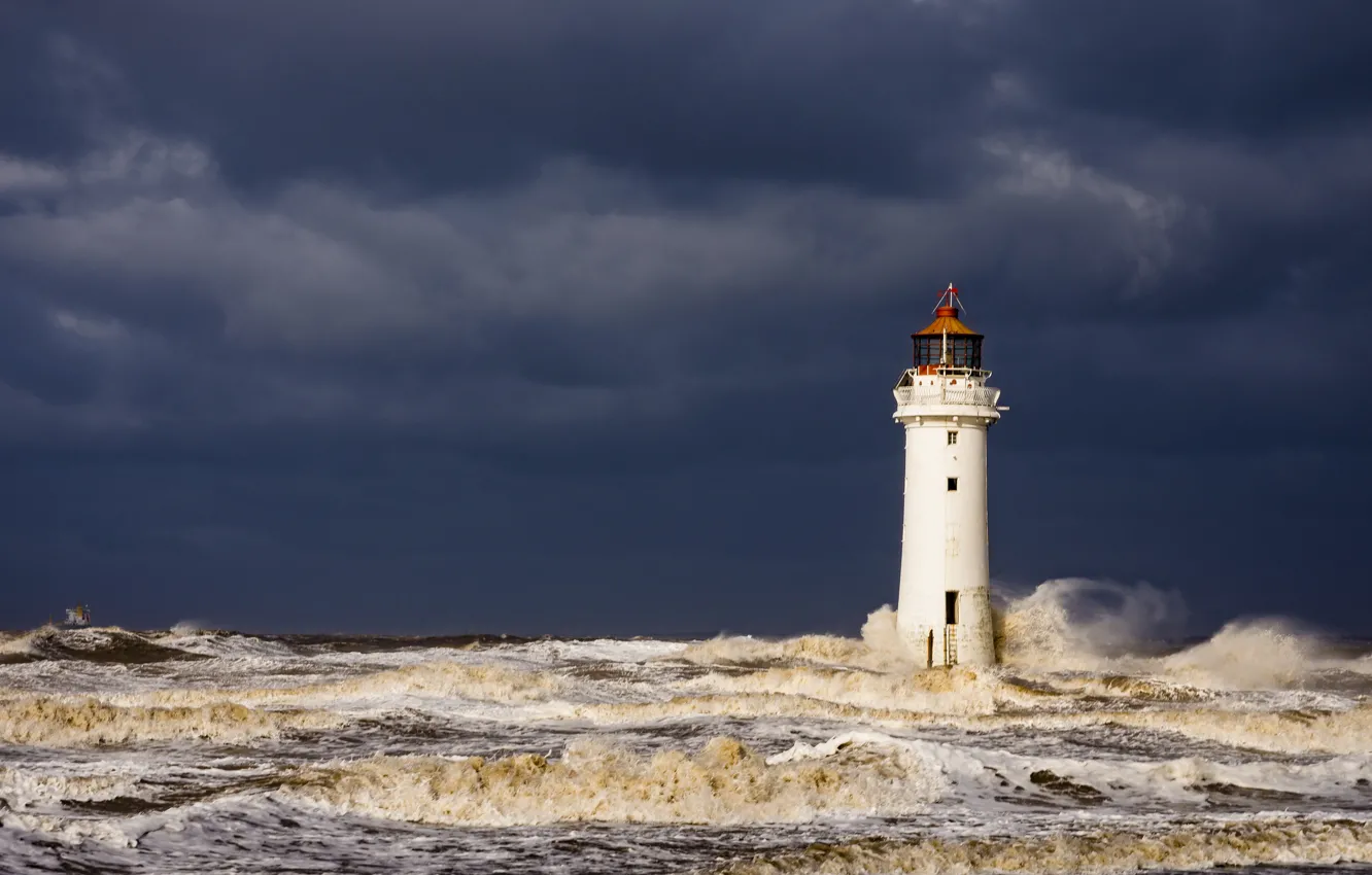 Photo wallpaper sea, wave, the sky, clouds, storm, lighthouse, storm, gloomy sky