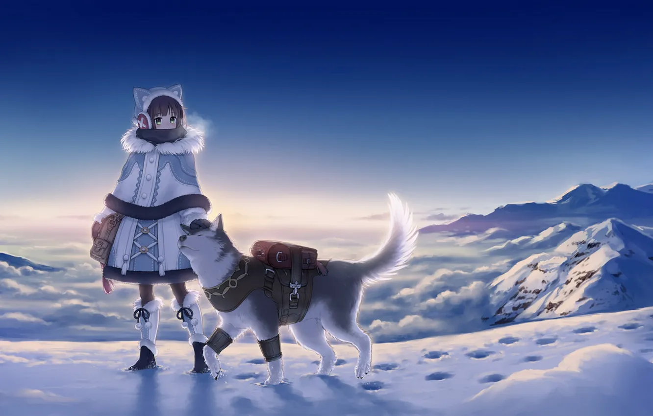 Photo wallpaper cold, winter, the sky, girl, snow, sunset, mountains, dog