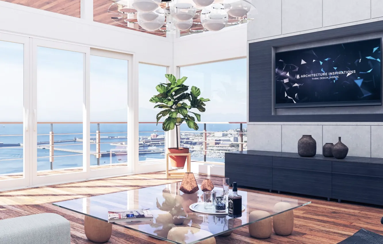 Photo wallpaper design, style, interior, living room, Modern living room, view of the marina, view of pier