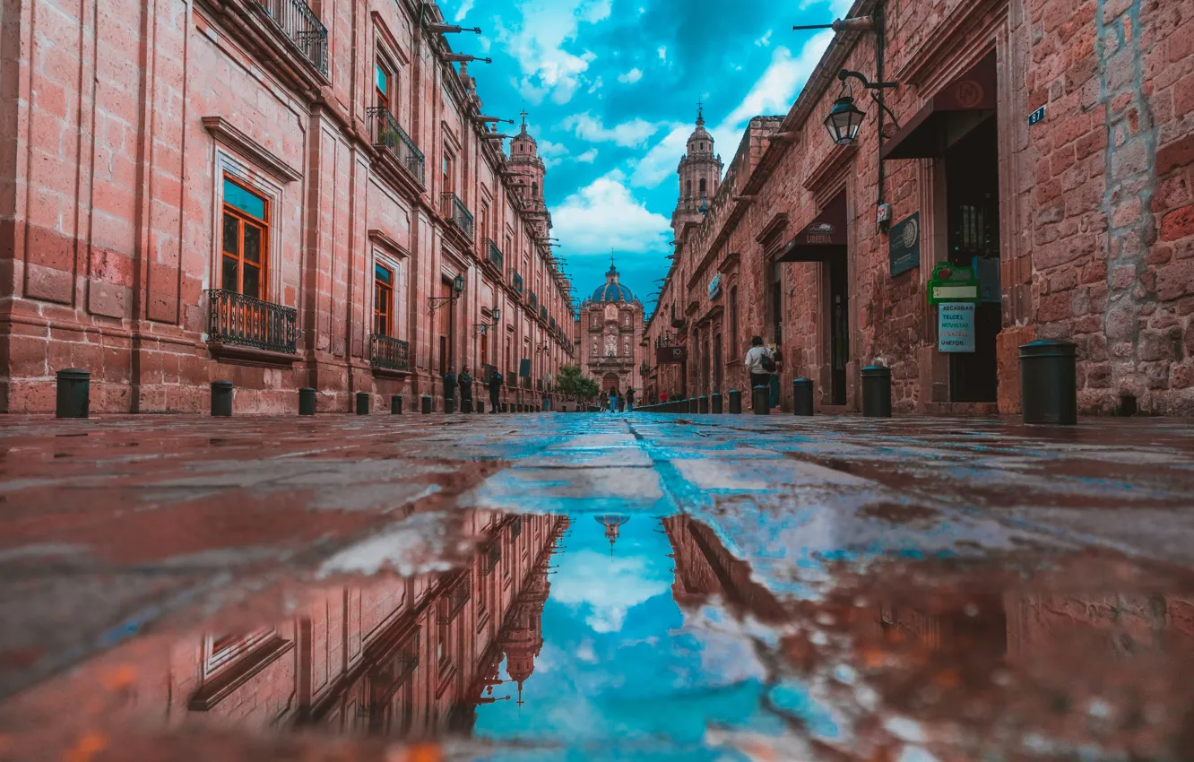 Photo wallpaper road, reflection, home, Mexico, Mexico, the Catholic Church, Morelia, Morelia Cathedral