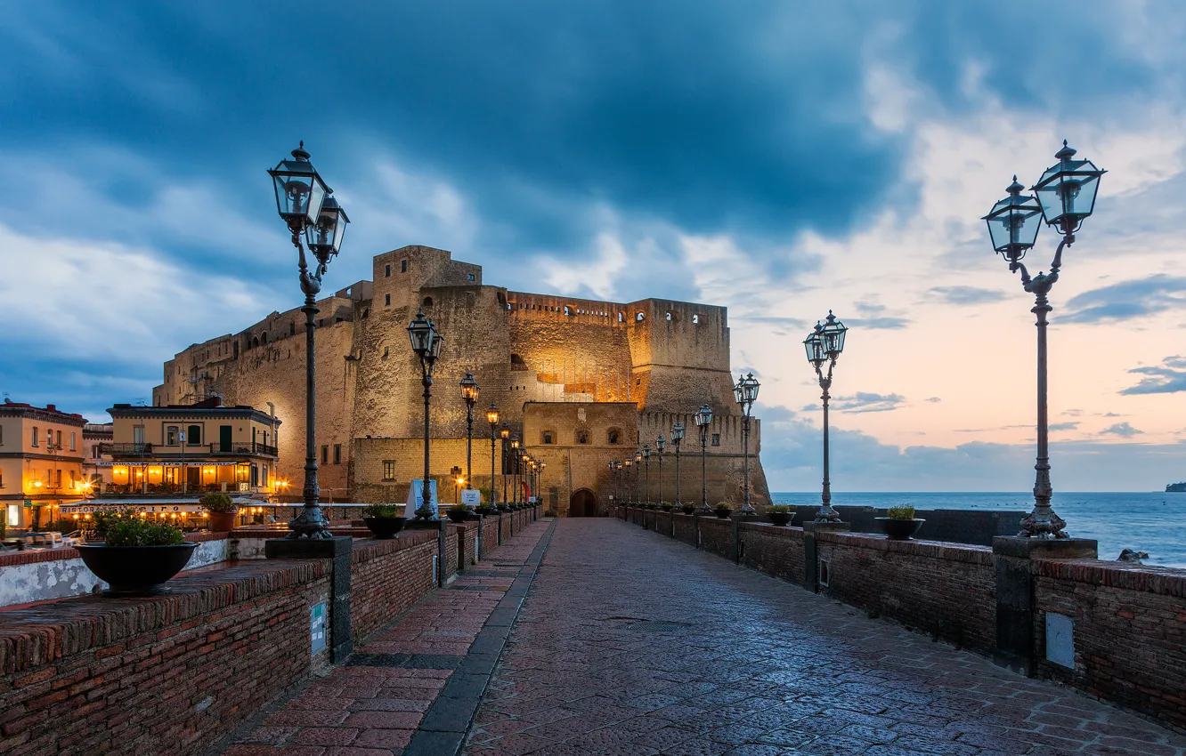 Photo wallpaper sea, bridge, the city, lights, castle, the evening, lights, Italy