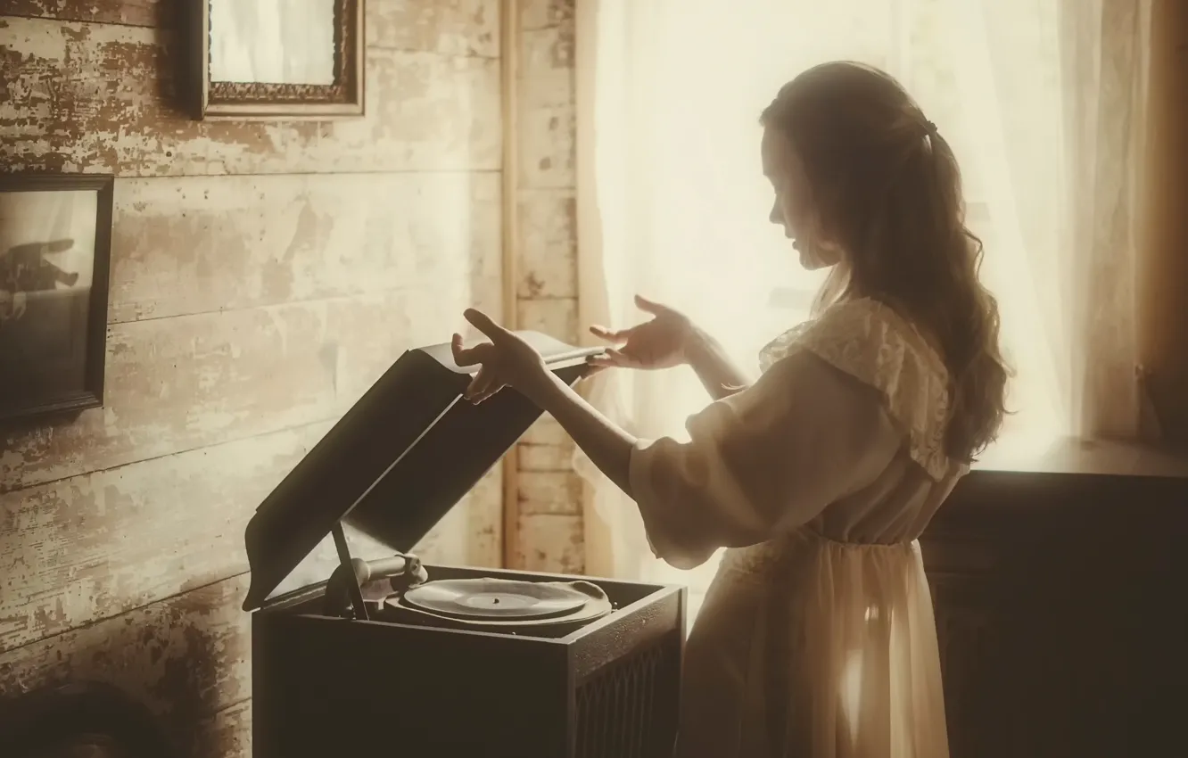 Photo wallpaper girl, player, record, vintage