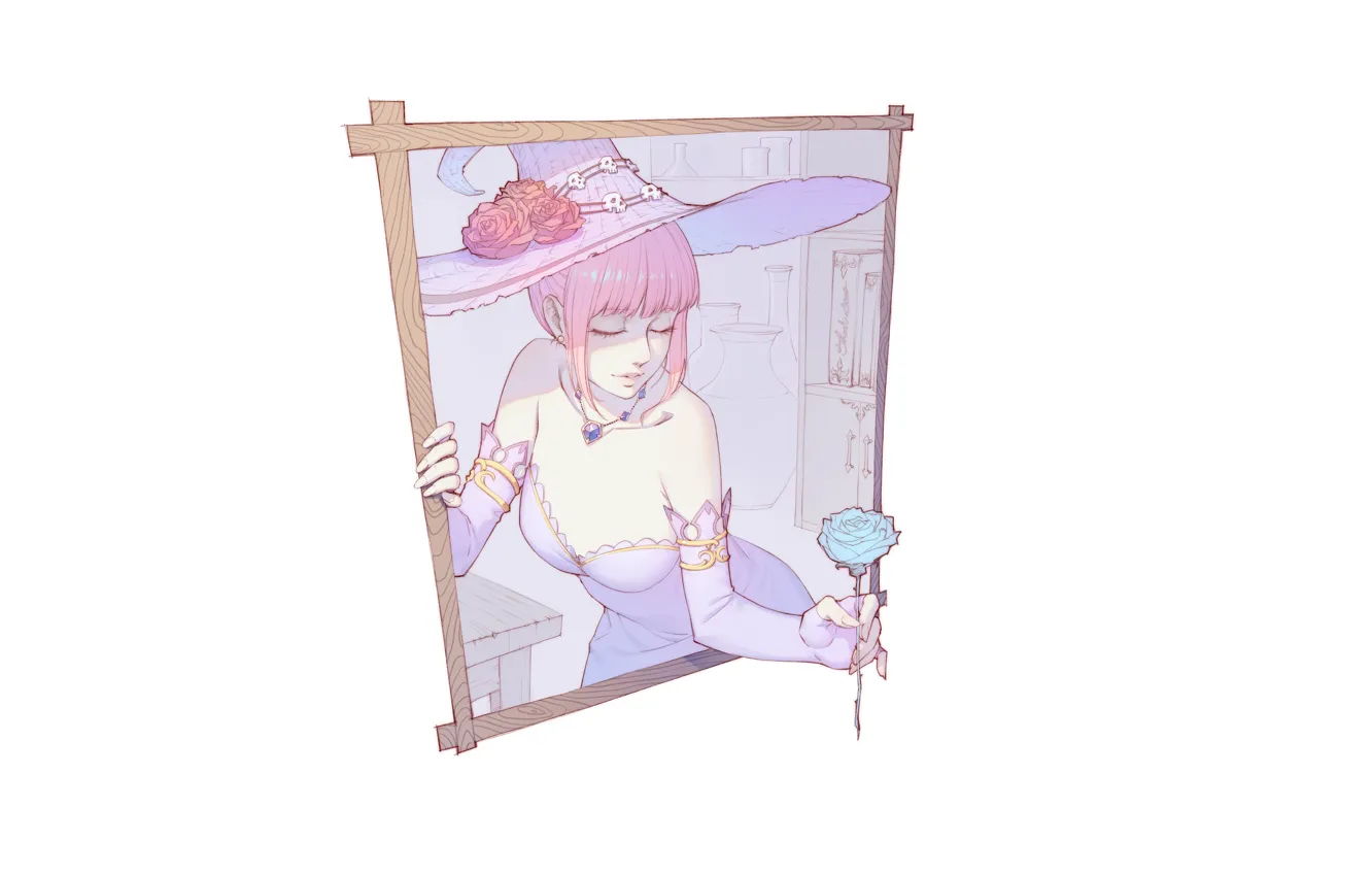 Photo wallpaper girl, rose, minimalism, hat, frame