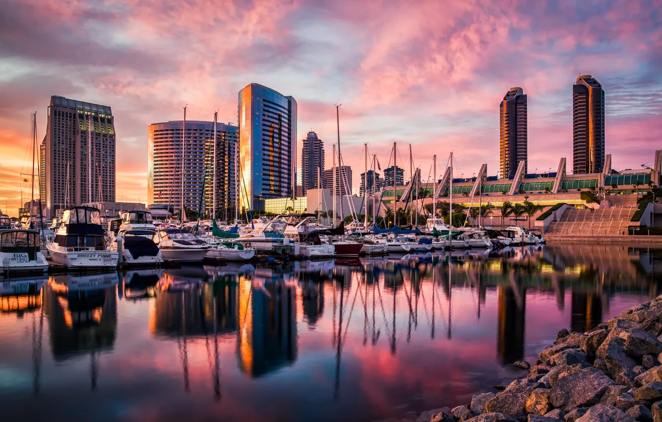 Photo wallpaper sunset, boat, building, CA, USA, California, San Diego, San Diego