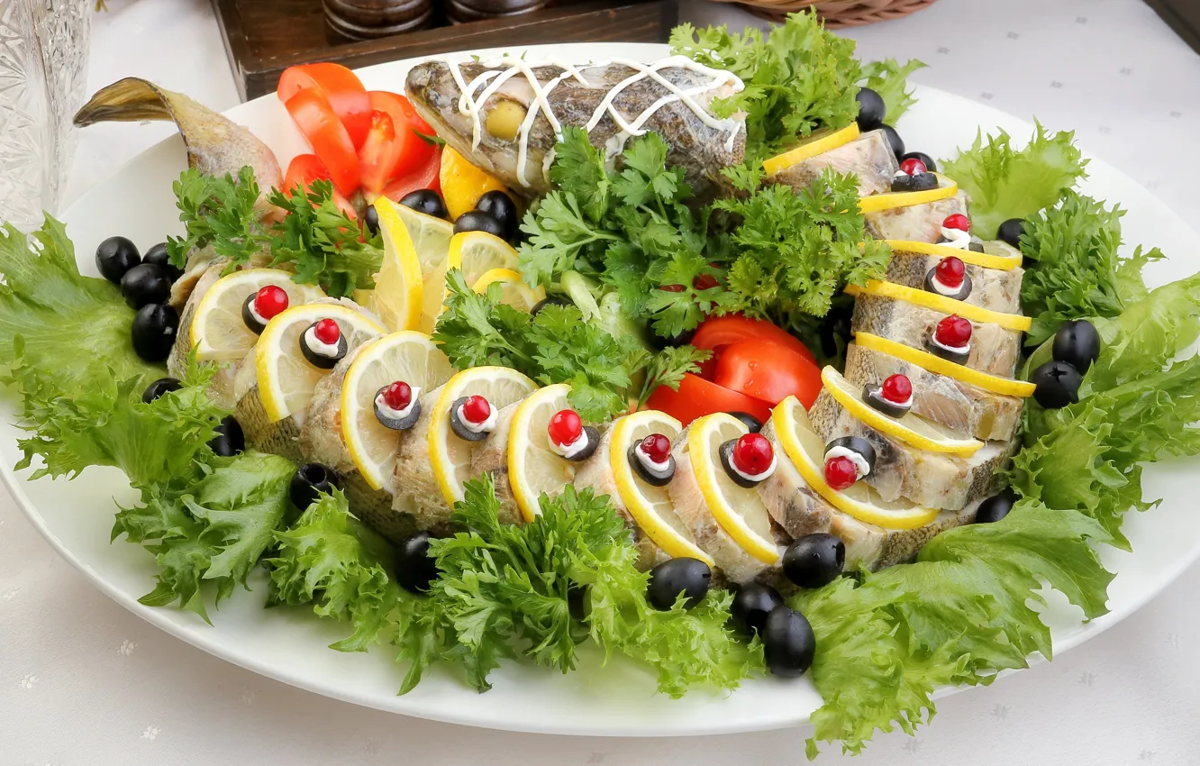 Photo wallpaper lemon, fish, salad, olives, Sudak, Stuffed