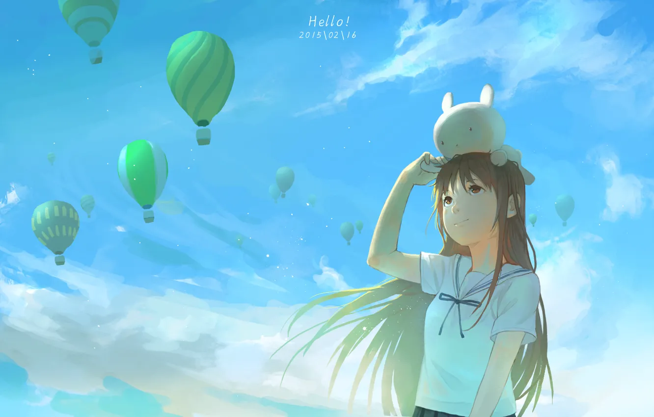 Photo wallpaper the sky, girl, clouds, smile, balloons, anime, art, exe336