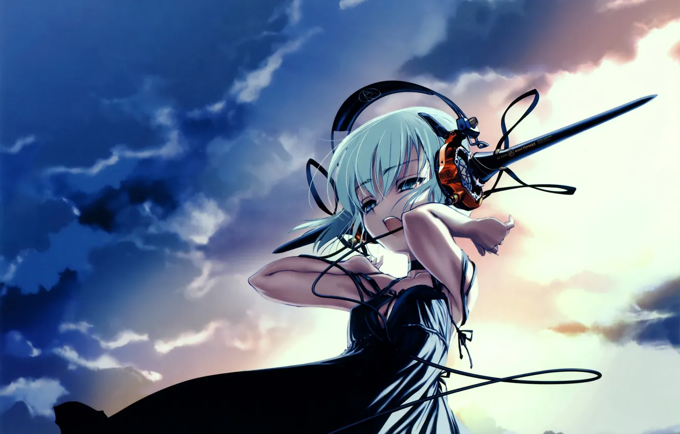 Photo wallpaper the sky, girl, the sun, clouds, wire, headphones, art, choco