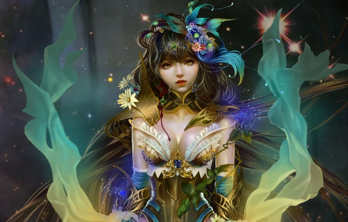 Photo wallpaper girl, stars, flowers, China, Archer, fantasy, art, girl