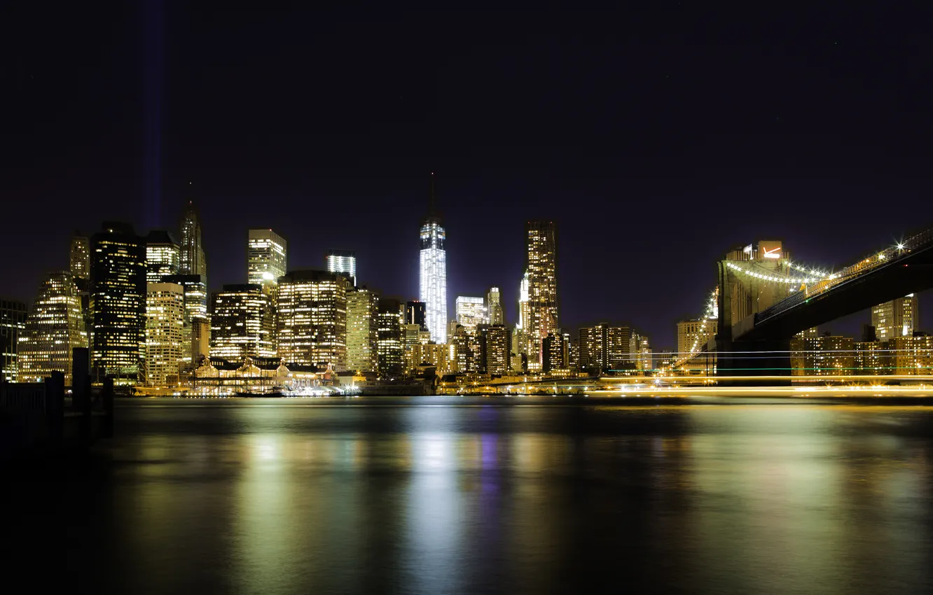 Photo wallpaper light, night, bridge, the city, lights, glare, reflection, river