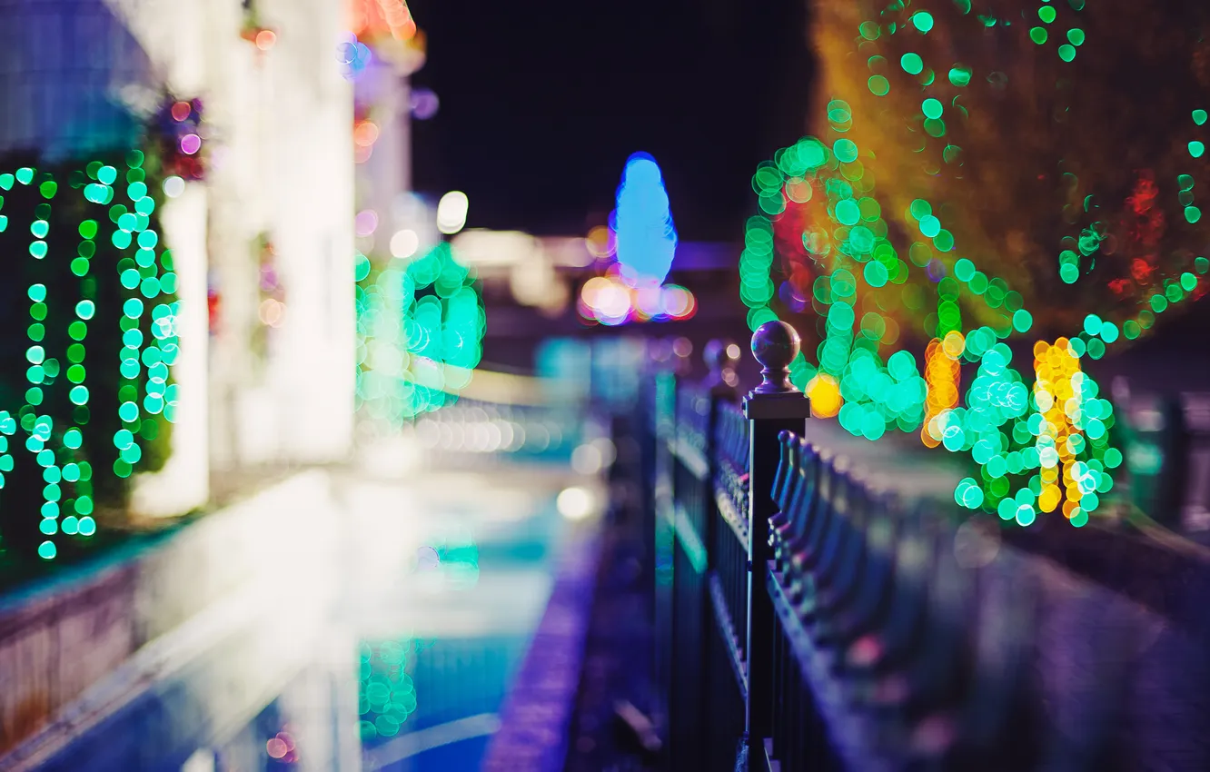 Photo wallpaper trees, night, the city, lights, the fence, the evening, fence, the sidewalk