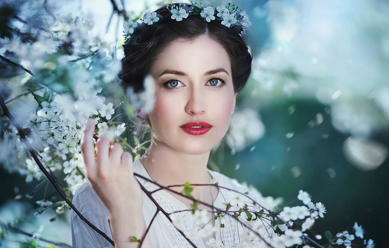 Photo wallpaper face, cherry, portrait, spring, makeup, beauty, wreath