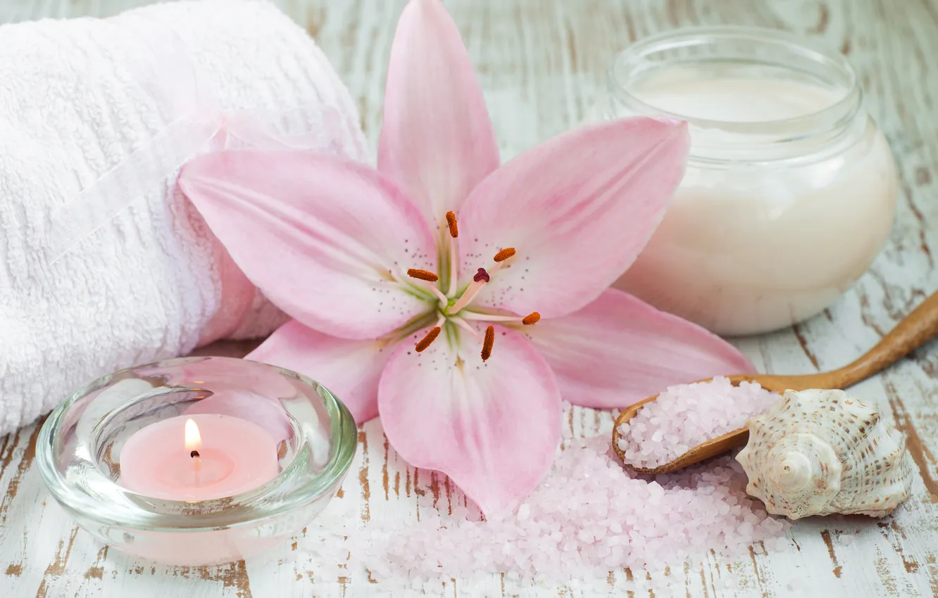 Photo wallpaper flower, Lily, candle, towel, cream, sea salt
