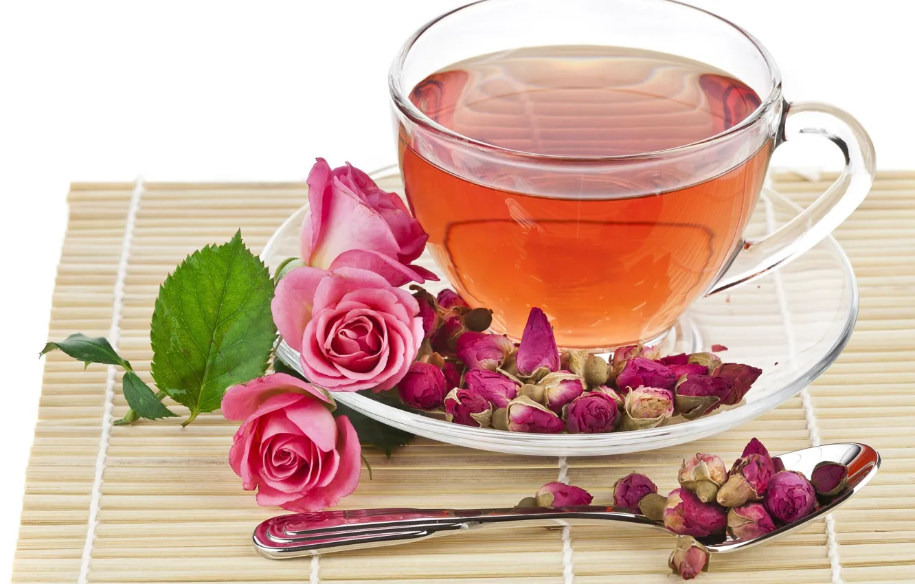 Photo wallpaper tea, roses, spoon, Cup